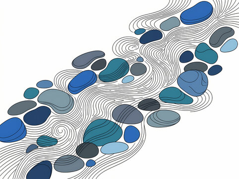 Abstract illustration of blue stones arranged in a flowing river pattern.