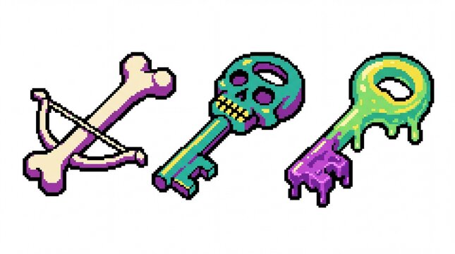 Isometric pixel art set of three retro dungeon keys including bone skull and slime designs