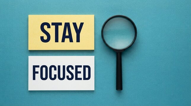 Stay focused message printed on white and yellow paper rectangles placed next to a black magnifying glass against a textured blue background for professional inspiration