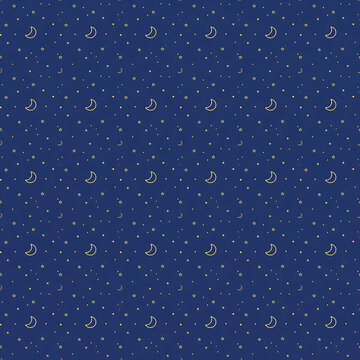 Gold stars moons dots seamless tileable celestial pattern on navy for elegant packaging and nursery wallpaper.
