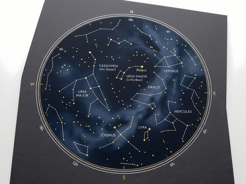 A circular star chart showing various constellations in the night sky.