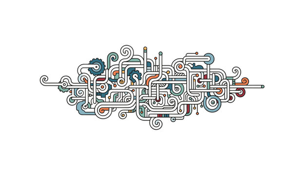 Complex abstract pipeline graphic featuring winding technical tubes, gears, and circuit nodes in a steampunk color palette.