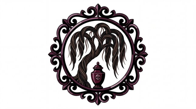 Victorian mourning brooch illustration with weeping willow and skull urn in gothic style