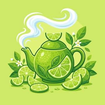teapot with green tea and lemon
