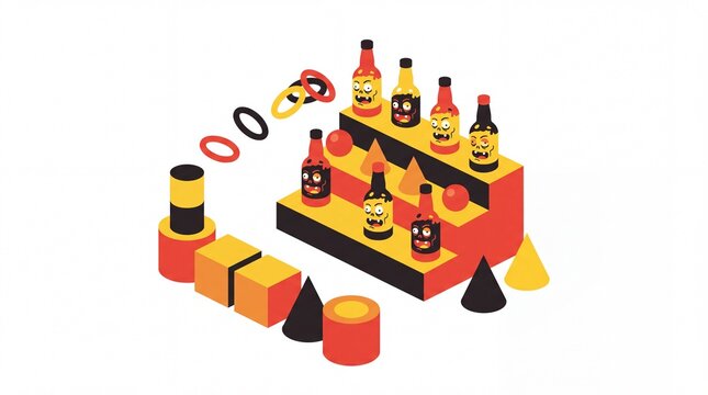 Isometric carnival ring toss game illustration with zombie bottles and rings in memphis style