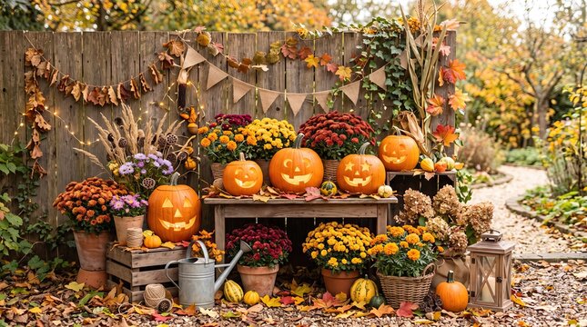 Scenic autumn park landscape covered with bright yellow pumpkins and fall foliage background photo