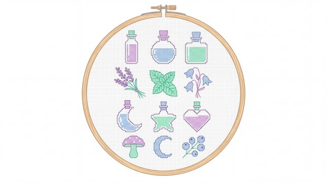 Cross-stitch embroidery hoop with pixelated potion bottles and magical herbs illustration