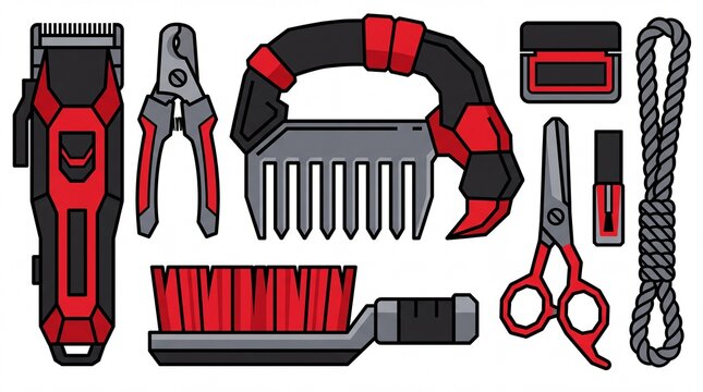 Flat geometric vector illustration of heavy-duty PET grooming tools in knolling arrangement