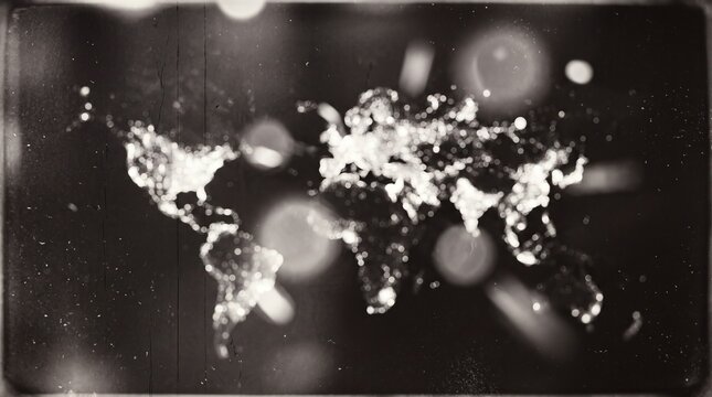 A captivating abstract depiction of the world map, rendered in a monochrome, ethereal style with glowing orbs and bokeh effects, suggesting global connectivity or abstract representation of data