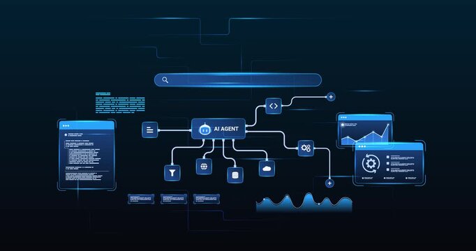 Futuristic AI workflow automation system machine learning with ai agent and data flow network interface, looped animation