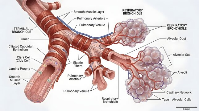 Anatomical diagram of human respiratory bronchiole and alveoli