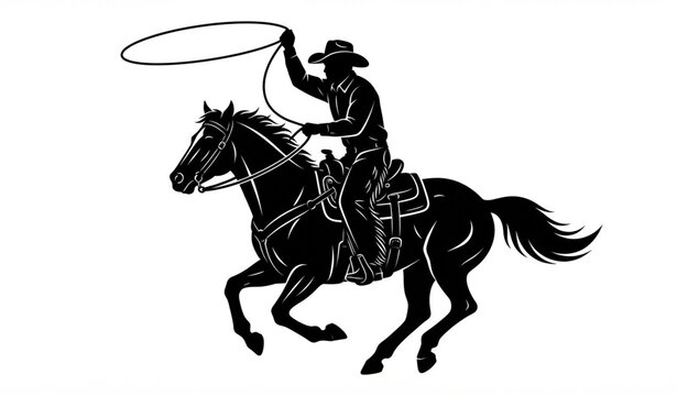 Cowboy riding horse with lasso black silhouette western rodeo vector illustration