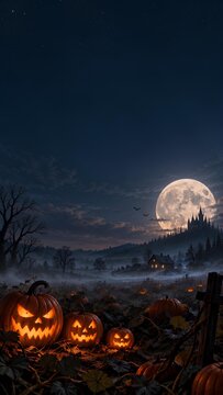 月夜の丘に建つ城とハロウィンのランタン / Castle on a moonlit hill and Halloween lanterns (Generative AI)