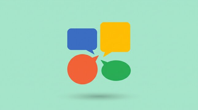 Group discussion icon featuring multiple speech bubbles, isolated on pastel mint background for teamwork, communication, dialogue and community interaction.