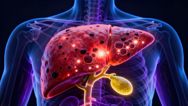Hepatitis with diffuse liver inflammation hepatocyte damage and portal tract inflammatory infiltration in transparent right upper abdomen