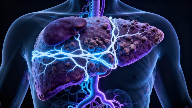 Liver cirrhosis with nodular surface fibrous septa portal hypertension and splenomegaly in transparent right upper abdomen