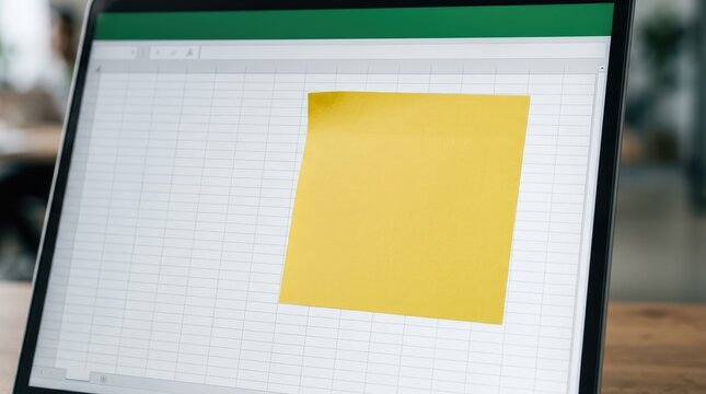 Bright yellow sticky note placed directly on a digital spreadsheet screen inside a modern bright office