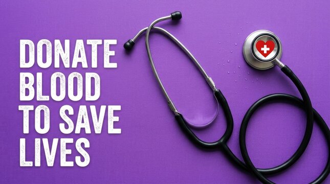 Stethoscope placed on vibrant purple background with bold white text promoting urgent blood donation campaign awareness