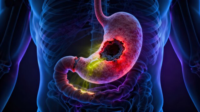  Gastric ulcer with mucosal crater defect and gastric acid erosion visualized in transparent upper abdomen