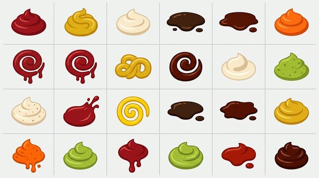 Condiment sauce dollops and swirls collection, flat vector illustration of ketchup, mustard, mayonnaise, and chocolate drops, isolated on white background
