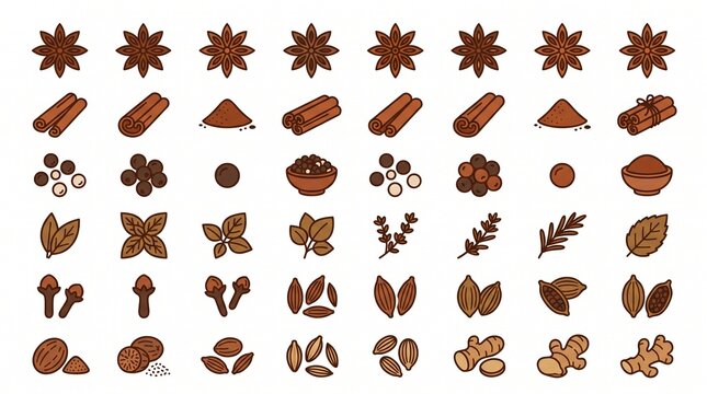 Spice and herb icon set, flat line illustration of cinnamon, star anise, ginger, and cloves, brown culinary ingredients on white background for kitchen design