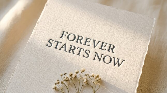 Textured handmade paper card featuring elegant typography reading forever starts now with delicate dried flower accents