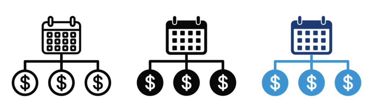 Monthly installment payment and recurring financial schedule icon set with calendar and dollar symbols. Outline, solid black, and blue vector icons isolated on transparent background.