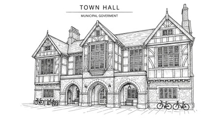 Obraz premium Handdrawn sketch of a historic Town Hall building with intricate architectural details.