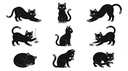 Obraz premium Playful black cat cartoon vector illustration set isolated on white background