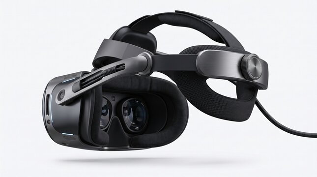 Black VR Headset Glasses Isolated On White Background. Virtual Reality Display For Gaming And Immersive Experience. Futuristic Electronics Device, Augmented Reality Technology And Xr Gear.