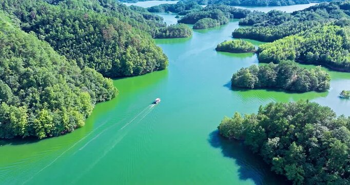 Aerial view of a small boat leaving a rippled wake on turquoise water winding between densely forested green islands in sunlight.