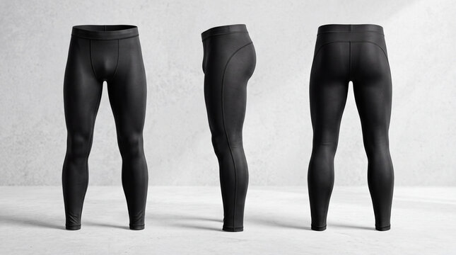 Mens black compression leggings sport tights mockup set in three views including front, side, and back, showcasing a tight fitness activewear apparel design against a neutral concrete background.