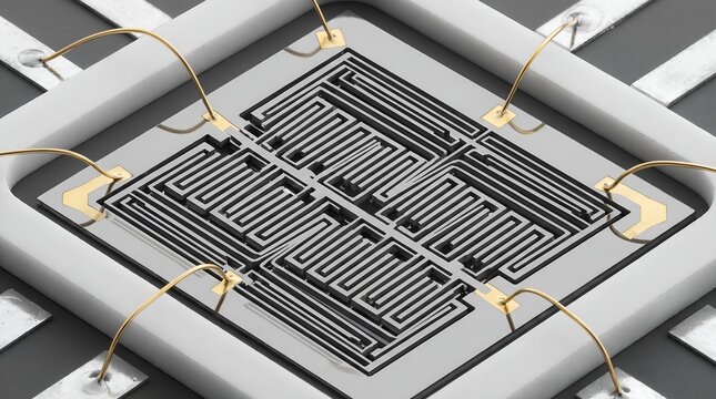 Scientific optical macro photograph of etched monocrystalline silicon mems comb drive resonator micro mechanical structure with interdigitated capacitive fingers on gyroscope inertial sensor die