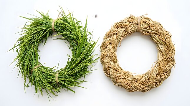 Two decorative wreaths made of rice stalks, one fresh green and one dried golden, isolated on white background