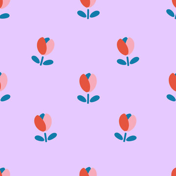 Simple lilac floral seamless pattern with pink and red tulip