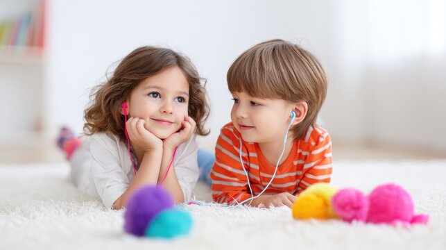 Two cheerful children listening to music with colorful pom-poms nearby