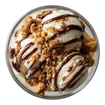 parfait ice cream with chocolate drizzle and cookie isolated on a white background