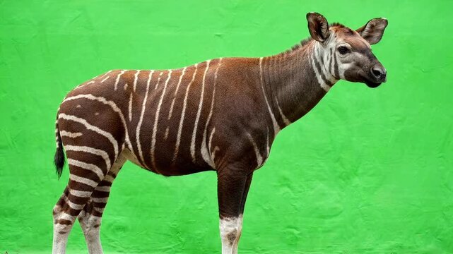 Okapi standing on a vibrant green background, showcasing its unique striped legs and brown body.