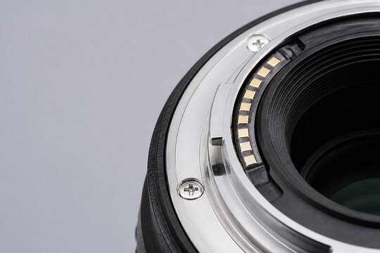 Macro detail of camera lens mount contacts