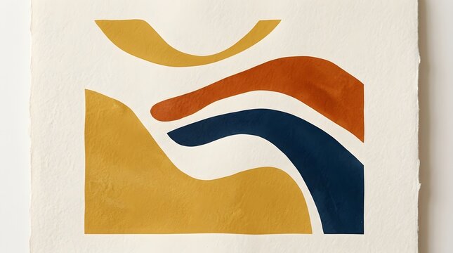 Minimalist abstract art print featuring simple organic shapes in burnt orange, navy blue, and mustard yellow on a textured offwhite paper background
