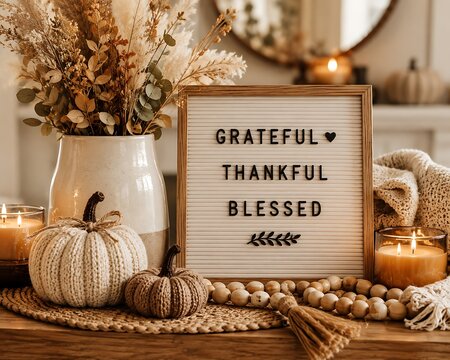Grateful thankful blessed sign with autumn pumpkins and candles
