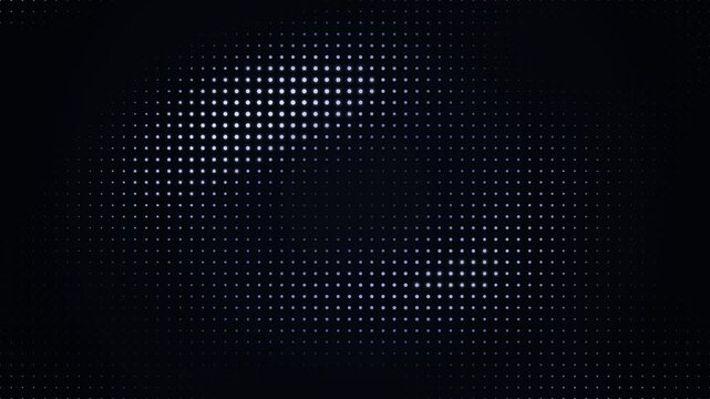 Abstract ring shape composed of glowing white pixelated squares on black