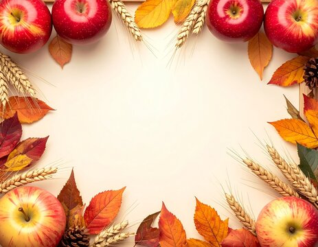 Autumn Harvest Frame with Red Apples, Wheat Sheaves, Pinecones, and Leaves