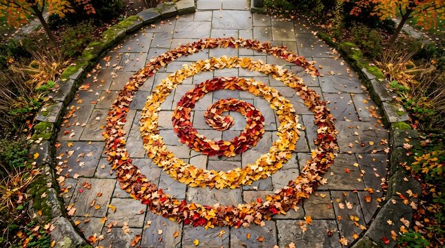 A beautiful spiral pattern made of colorful autumn leaves on a stone patio in a garden during fall season