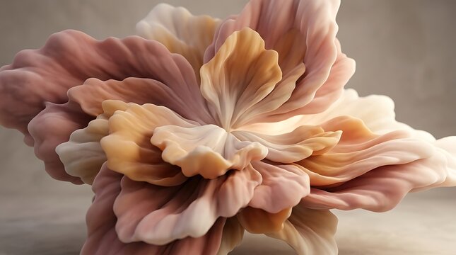Abstract organic sculpture resembling a blooming flower or soft coral made of layered flowing petal-like forms, smooth silky texture in soft peach, blush pink, cream and warm brown tones, gentle studi
