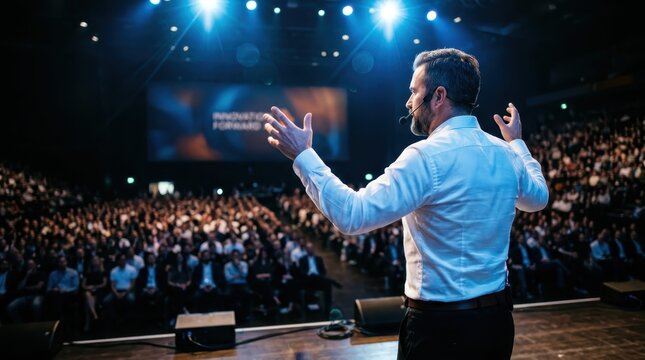 Professional Speaker Giving Inspiring Keynote Presentation to Large Audience at Business Conference Seminar