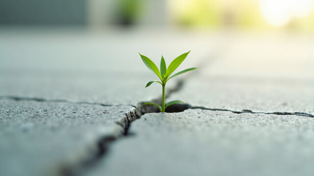 Green Sprout Through Concrete Crack with Copy Space