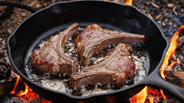 Juicy Lamb Chops Sizzling with Oil and Flames in Cast Iron Skillet