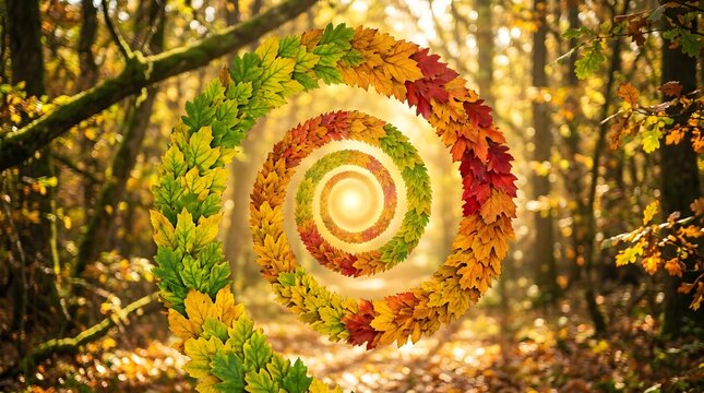 A mesmerizing spiral of colorful autumn leaves creating a tunnel effect in a sunlit forest, representing the beauty of the fall season