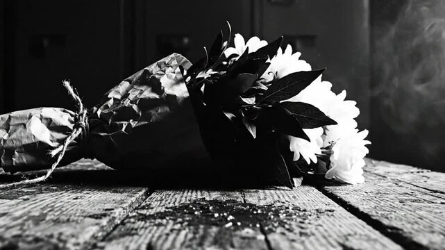 Black and white still life bouquet of white flowers with wrapping paper on a rustic wooden table